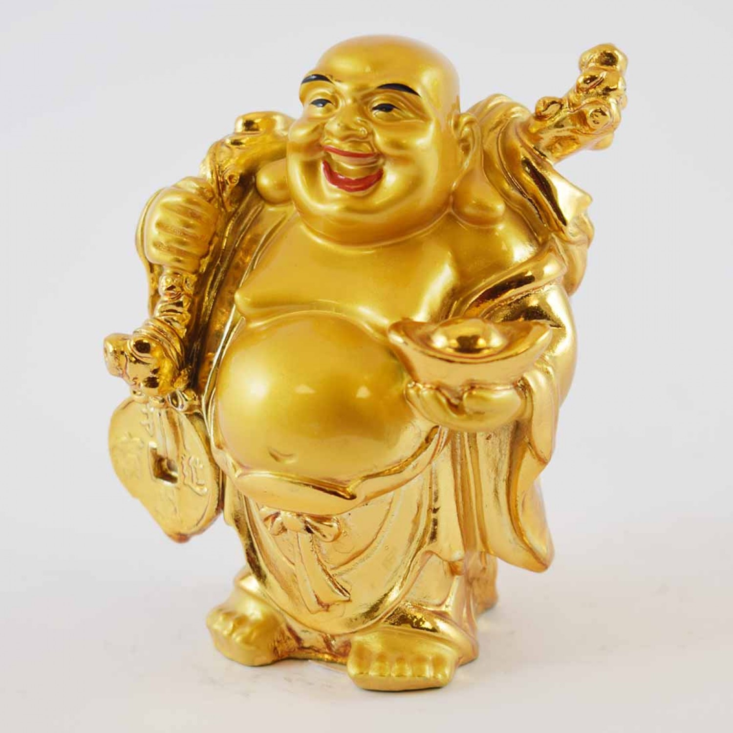 Handmade Golden Small Size Laughing Buddha Statue Holding Money Bag